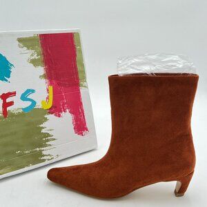FSJ Brown Suede Square Toe Comfort Low Heel Ankle Boot Pull On Dressy Shoe